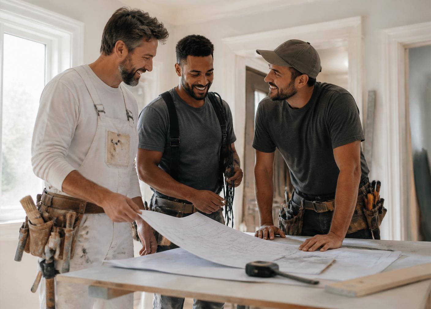 Une équipe d'artisans qualifiés examinant ensemble des plans de rénovation